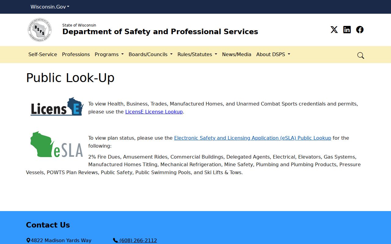 Wisconsin DSPS credential screen for a Fond du Lac resident lookup
